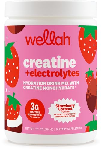 Image of Wellah Creatine + Electrolytes Powder (Strawberry Coconut) 30 Servings - Hydration Drink Mix with 3g of Creatine Monohydrate