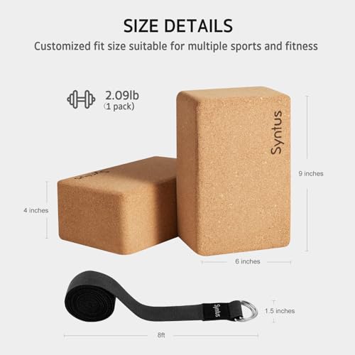 Syntus Yoga Block and Strap Set, 2 Natural Cork Soft Non-Slip Blocks 9×6×4 inches, 8FT Metal D-Ring Strap for Yoga, General Fitness, Pilates, Stretching and Toning by Syntus - Image 2