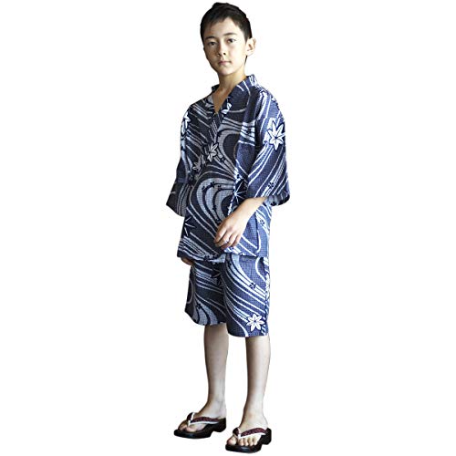 JINBEI for kids boy. japanese Midori Yukata for Children. Kimono made in Japan.” Navy Blue Streaming Water/??? ” (Medium)