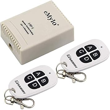 eMylo RF Relay Switch Smart Remote Control Module Wireless 433Mhz Relay Receiver with Two Transmitters DC 12V 4-Channels for Light Garage Door, Electric Curtains, Locks, Water Pump