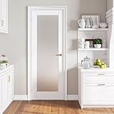 SMARTSTANDARD 28' x 80' French Interior Door, Tempered Frosted Glass Slab Door for Pantry French Pocket, Solid Core Interior Door Without Hardware Kit, White