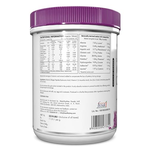 Image of HealthyHey Glow-N-Shine Marine Hydrolyzed Fish Collagen Peptides | Type 1 & 3 Collagen Supplement with Hyaluronic Acid | For Skin, Hair, Nails (Unflavoured, 200,g)