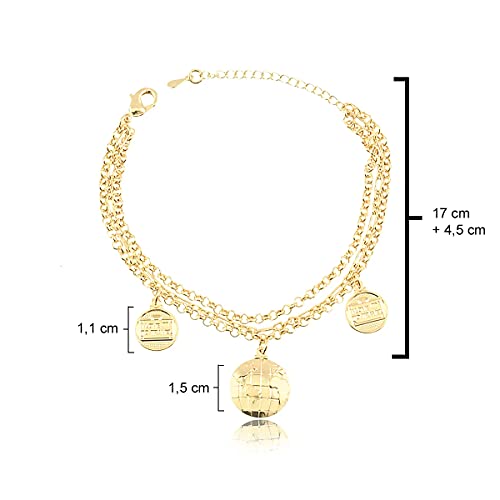 Pulseira com três correntes com pingente de globo e medalha folheado em ouro 18k