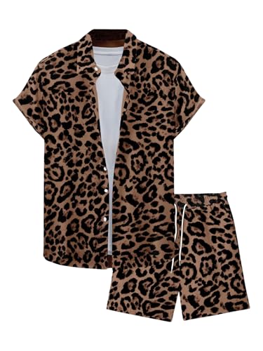 BEAUDRM Mens 2 Piece Leopard Print Outfits Cheetah Button Down Shirts and Drawstring Shorts Set Vacation Outfits Multicolor Large