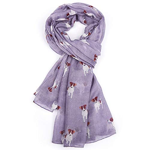 LilyRosa® Jack Russell Scarf White Blue Purple Mustard Navy Pink Grey Ladies Dog Print Shawl Wrap Scarves (Purple)