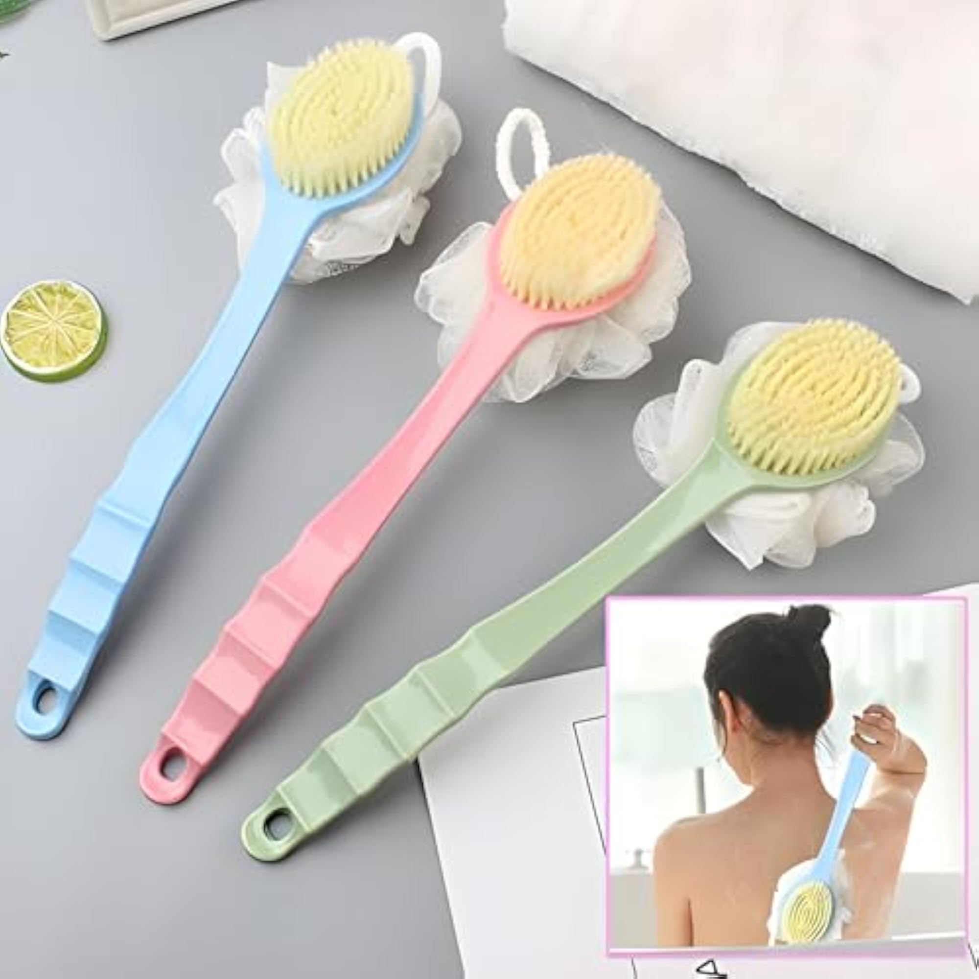 2-in-1 Bath Brush with Loofah Handle, Exfoliating Scrubber
