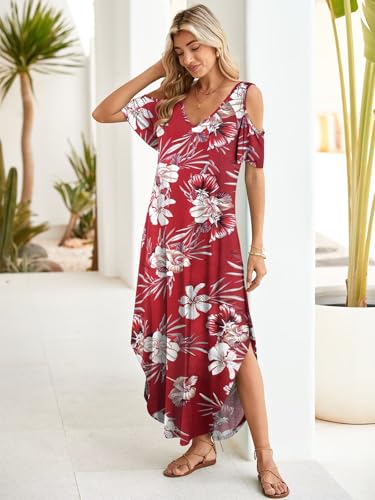 Image of BELAROI Womens Cold Shoulder Maxi Dress Plus Size V Neck Summer Sundresses with Pockets Beach Coverup Vacation Outfits