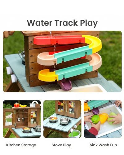 Image of Mud Kitchen for Kids Outdoor, Wooden Play Table with Hand Pump and Sink, Picnic Bench, Stainless Steel Cookware & Bucket, Backyard Sensory Play Kitchen for Toddlers Age 3+