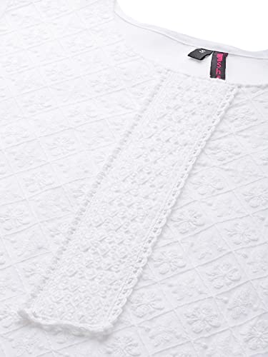 Image of ishin Women's Cotton White Embroidered A-Line Kurta & Trouser & Dupatta