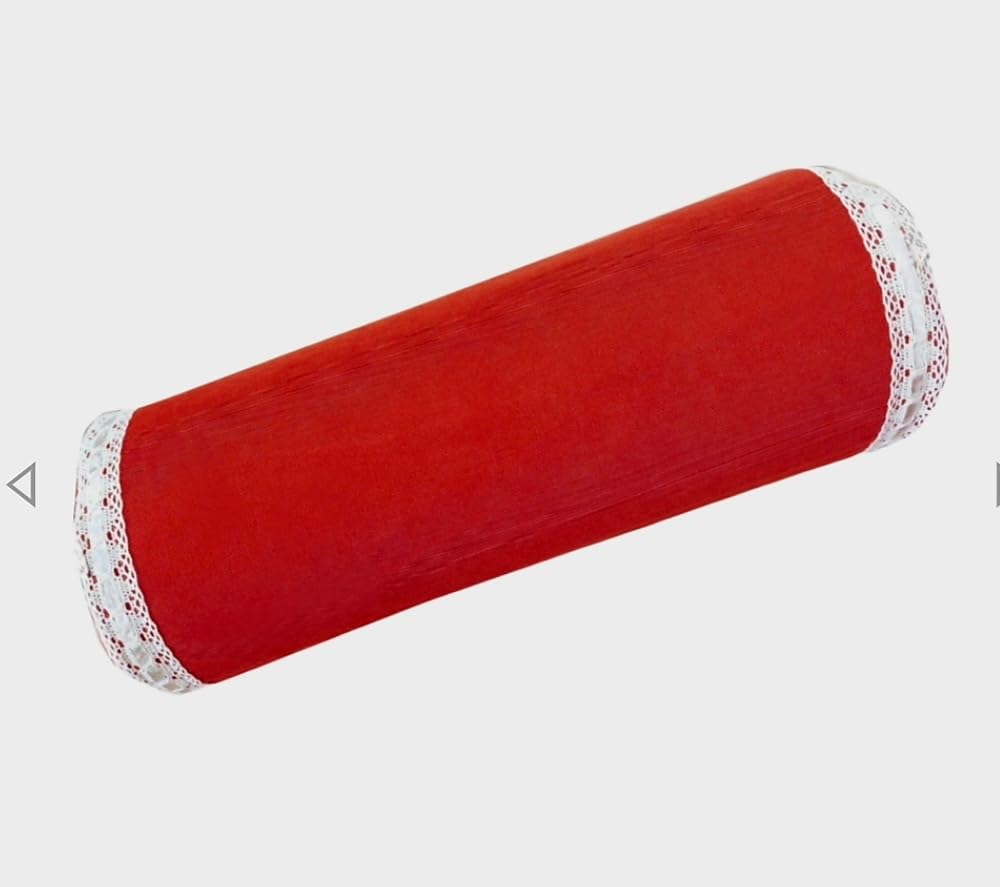 Dekorativ Kissen Einfarbig Dekokissen Walze Rot Velours mit Feinband 40cm Dekorwalze aus Rotvelour, Zierspitze Spitze, 40cm