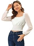 Allegra K Women's Sweetheart Neck Blouse Ruffle Swiss Dots Frill Smocked Crop Top X-Large White