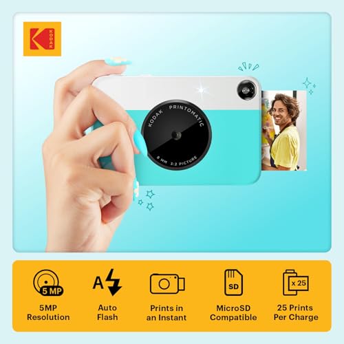Image of KODAK Printomatic Full-Color Instant Print Digital Camera, Zink 2x3 inch (5.1x7.5 cm) Sticky-Back Photo Paper, 5MP, Portable, Creative Fun Gift for Birthday, Christmas, Holiday, Blue