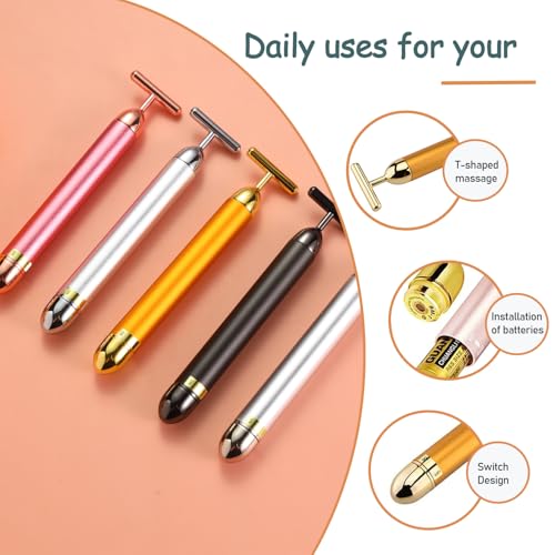 AMZVEZO Beauty Bar 24K Gold Facial Massager - Face T Shape Tool for Skin Care Tightening with Ergonomic Design (Pink)