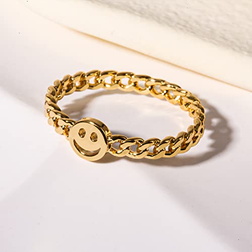 Yegieonr Women Good Luck Smiley Face Ring Happy Face Stackable Ring With Cute Chain Link Band (Yellow-Gold, 10) #TOP1
