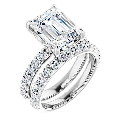 10K Solid White Gold Handmade Engagement Ring 3.50 CT Emerald Cut Moissanite Diamond Solitaire Wedding/Bridal Ring Set for Women, Lovely Ring Gift for Wife3