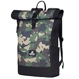 MOCLOLY Rolltop Rucksack Damen & Herren - Wasserdicht - Mit Laptopfach Klein Travel Backpack, Elegant Reiserucksack für Uni Business Arbeit City Reise, Tarnung