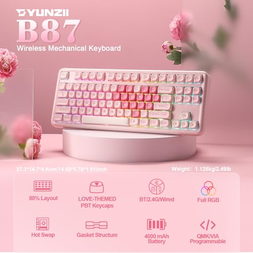 Image of YUNZII B87 Wireless Mechanical Keyboard,QMK /VIA Programmable,TKL Layout 87 Keys,BT /2.4G /USB-C,Hot Swap Gasket Mount RGB Backlit Gaming with Wrist Rest for Win /Mac (Pink, Milk V2)