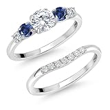Gem Stone King 10K White Gold White Lab Grown Diamond and Blue Created Sapphire 5 Stone Bridal Engagement Wedding Ring Set For Women (0.89 Cttw, Round: 5MM and 3MM, Available in Size 5,6,7,8,9)