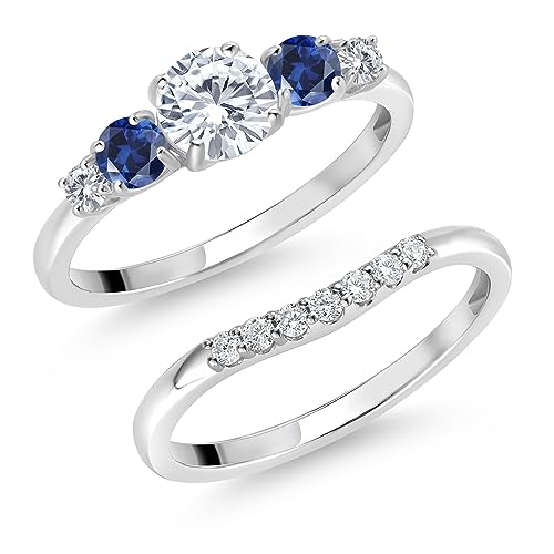 Gem Stone King 10K White Gold White Lab Grown Diamond and Blue Created Sapphire 5 Stone Bridal Engagement Wedding Ring Set For Women (0.89 Cttw, Round: 5MM and 3MM, Available in Size 5,6,7,8,9)