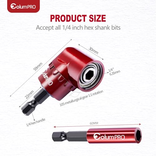 ColumPRO 105 Degree Right Angle Drill Screwdriver Bit Set, 1/4” Hex Shank Right Angle Drill Attachment with 4PCS PZ2 & PH2 Screwdriver bits and bit holder - Thumbnail 2