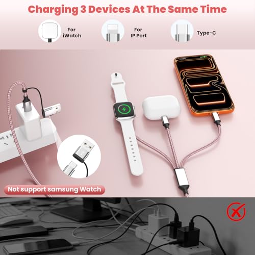 Travel Cruise Essentials,3 in 2 Multi Charging Cable for iWatch Charger/IP/USB C,Pink 2-Pack 5FT Braided USB A/C Cable Designed for Multiple Devices,Car Accessories for iWatch Ultra/SE & iPhone 17-11 by Aeroliteㅤ - Image 2