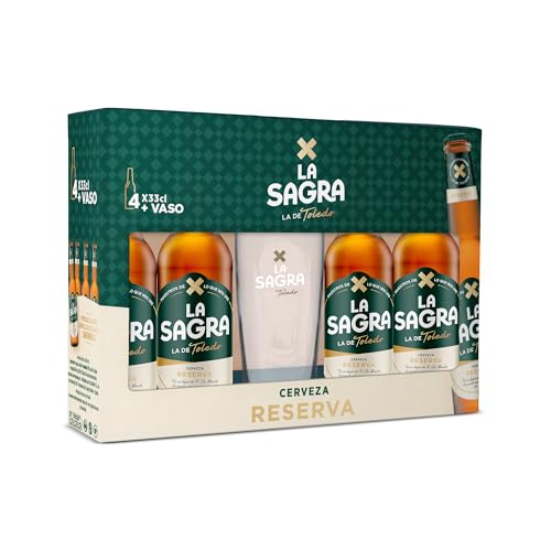 La Sagra - Pack 4 Cervezas de 330 ml de La Sagra Doble Malta - Alc. 6,4 Vol. - Pack de 4 botellas de 33cl + Vaso 1/2 pinta - Total: 1320 ml