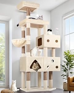 Globlazer Kratzbaum Beige XXL 207 cm mit 3 Lustig Große Katzenhaus 45 * 35cm, Gepolsterte Plattform, Sitzstangen, Katzenkorb, 8 Sisalstämme, Stabil Katzenbaum für Große Katzen Schwere (F81, Beige)