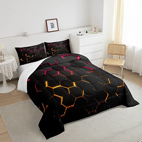 Manfei Honeycomb Comforter Set Full Size Geometric Hexagon Bedding Set 3Pcs For Kids Boys Teens Room Decor Yellow Red Neon Lights Duvet Insert Modern Fashion Luxury Down Comforter With 2 Pillowcases #TOP3