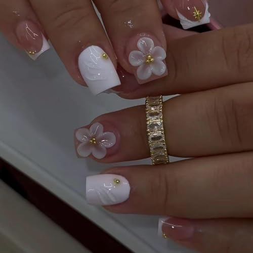 Image of White Press on Nails Short Square fake Nails 3D Flower Nail Press ons 24Pcs | White French Tip False Nail with Star Design Glossy Full Cover Stick on Nail for Women Daily Manicure,Easy Apply,Reusable