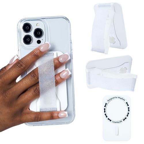 LoveHandle PRO MagSafe Compatible Magnetic Phone Grip w/Kickstand - Mount, Strap and Stand for Smartphone and Tablet - MagSafe Ring Included - Fits All Devices - Crystal Clear Glitter