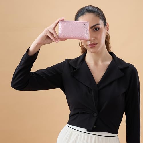 Image of Caprese Monique Small Textured Bifold Wallet for Women | Compact Handheld Purse with 6 Card Holder Slots | Slim Designer Wallet with Secure Snap Button & Zippered Coin Pocket (Soft Pink)