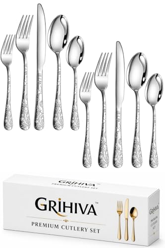 Image of 10 Pcs Silver Floaral Stainless Steel Cutlery Set for Dining Table with Spoons and Forks Set + Butterknives - The Perfect Tableware /Flatware