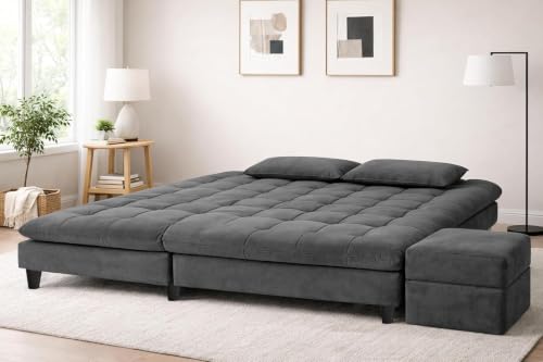 Image of Convertible 3-Seater Apsen Sofa Bed with Tufted Sleeper Couch with Adjustable Backrest- Living Room Furniture - Grey Color