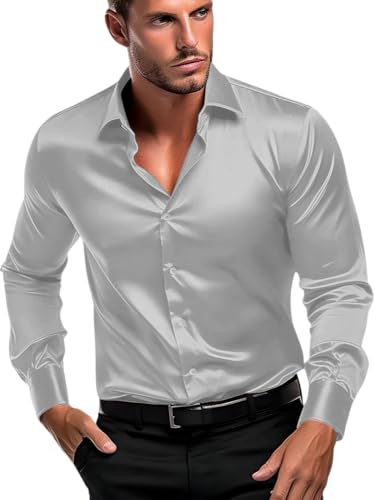 Image of IndoPrimo Men's Satin Shirt with Spread Collar Neck Line Solid Pattern Full Sleeves Regular Fit Western Style and Standard Length