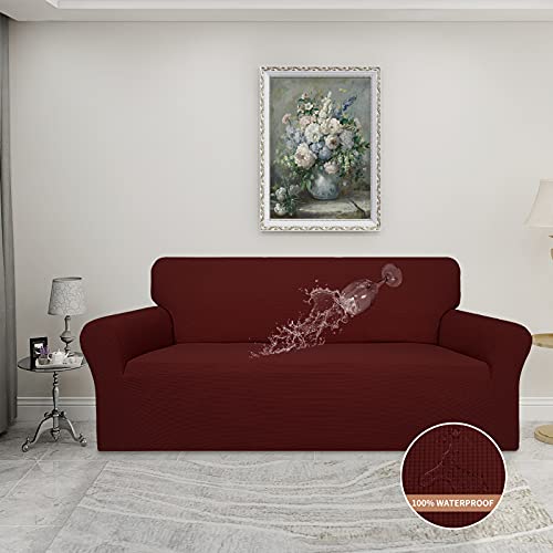 Image of Easy-Going 100% Waterproof Couch Cover, 3 Cushion Couch Slipcover for Sofa | Leakproof Sofa Cover, Stretch Jacquard Furniture Protector Against Stain Spill from Kids, Pets, Dog (Sofa, Wine)
