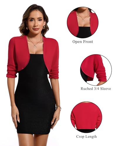 Image of MINTLIMIT Womens Soft Shrug Elegant Cardigans Open Front Ruched 3 /4 Sleeve Bolero Cardigan for Evening Dress (Red, Size L)