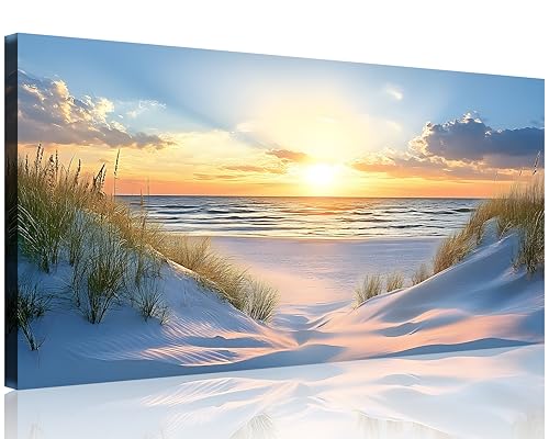TutuBeer Beach Pictures Ocean Pictures Wall Decor White Beach with Dunes and Grass Picture Print on Canvas Ocean Seascape Paintings Canvas Art Prints Wall Decor Ready to Hang 16" x 32"