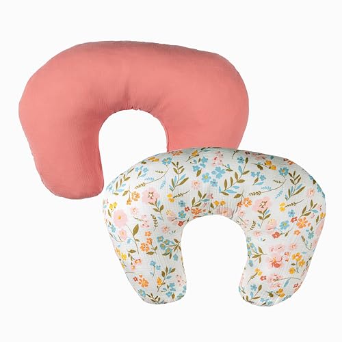 Image of Nursing Pillow Covers, Cotton Muslin Nursing Pillow Covers, 2-Pack Breast Feeding Pillow Covers, Breastfeeding Essentials, Soft Nursing Pillow Cover Girl, Oeko TEX (Pink + Floral PillowCovers)