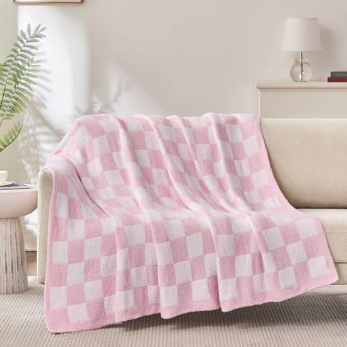 Cozzenity Checkered Throw Blanket Pink Soft Cozy Fluffy Knitted Throw Blankets for Couch Sofa Bed Chair Warm Fuzzy Travel Picnic Lightweight Plaid Blanket 50x70 inches