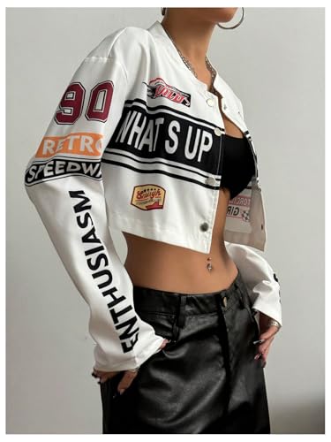 SHENHE Women's Racer Biker Jacket Lightweight Button Down Cropped Moto Varsity Jacket2