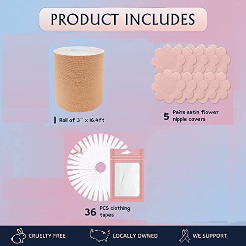Image of UCRAVO Boob Tape kit - Instant Boob Lift Tape with 10 Reusable Nipple Pasties, 36 Double Sided Fashion Strips for Cloth, Adhesive Bra Push Up Boob Tape for Large Breasts for Women Clothing and Body