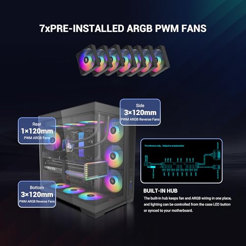 Image of SAMA V52 PC Case with 7 ARGB Fans and Hub, Full View Tempered Glass Mid Tower Gaming Case, Type-C, High Airflow, Supports ATX /Micro-ATX /Mini-ITX, Supports 420mm GPU & 360mm Radiator, Black