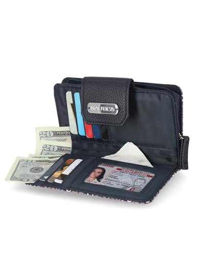 Image of Nautica Womens, Close Reach Vegan Leather RFID Wallet, Small Credit Card Holder Purse with Zipper Coin Pocket and ID Window in Indigo Jacquard