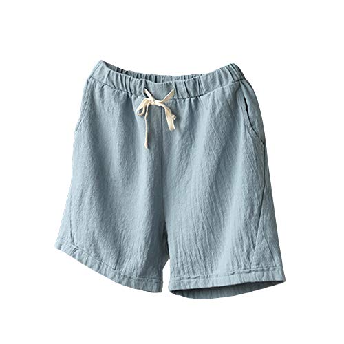 Femmes d'Été Coton Lin Jambe Large Shorts Cordon de serrage Taille Casual Confortable Lin Short de Plage d'Été Chaud Pantalon 6 Couleurs - Bleu - 38 Cover