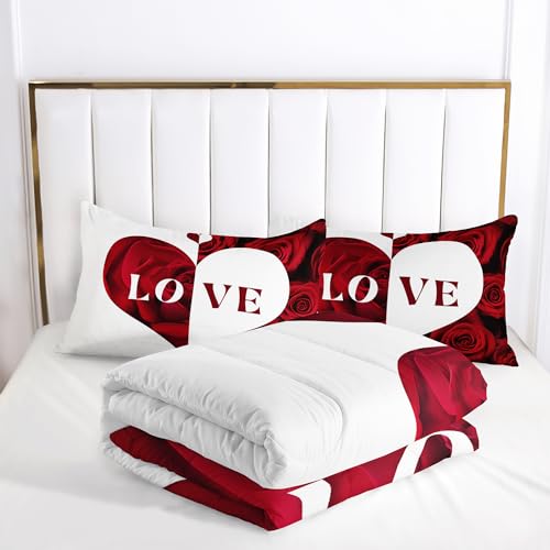 Image of AILONEN 3-Piece Red Rose Comforter Set Queen Size,Red and White Lover Hearts Printed Bedding Set for Room,Romantic Flower Soft Microfiber Comforter with 2 Pillowcases