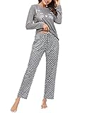 Uniexcosm Schlafanzug Damen Lang Pyjama Set Baumwolle Zweiteiliger Hausanzug Nachtwäsche mit Katzendruck und Polka Dot Schlafanzughose Loungewear Freizeitanzug Stil 1:Grau M