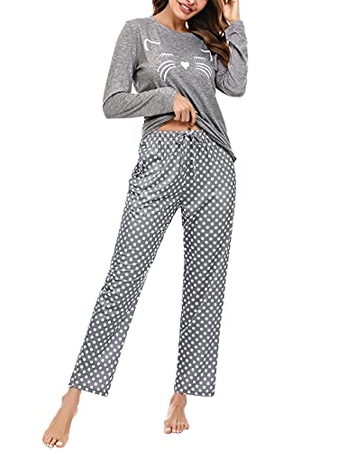 Uniexcosm Schlafanzug Damen Lang Pyjama Set Baumwolle Zweiteiliger Hausanzug Nachtwäsche mit Katzendruck und Polka Dot Schlafanzughose Loungewear Freizeitanzug Stil 1:Grau S Cover
