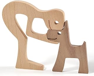 Pipihome Family Puppy Cat Wooden Carving Ornaments, Natural Solid Wood Cute Puppy, Kitty and People Crafts Statue Sculpture Ornament Home Decor, Pet Lover Creative Gifts (Men Kiss Puppy)