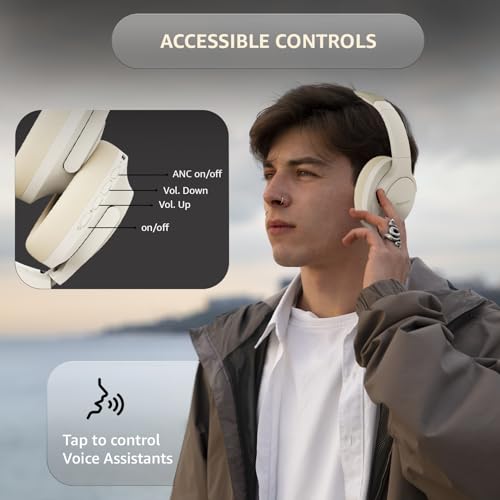Image of Amazon Basics Pro Series Wireless Noise Cancelling ANC Over Ear Headphone | Bluetooth Headset | USB Charging | 10 m Paring Distance | 74 Hours Battery Life | 40 mm Drivers | IPX4 Rated (Beige)