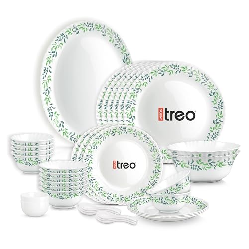 Image of Treo by Milton Opalware Aurelia Verdinia Dinner Set of 35 | Serving for 6 | Microwave & Dishwasher Safe | Bone-Ash Free | Tempered Toughness | Plates, Bowls, Spoons | Crockery Set for Dining & Gifting